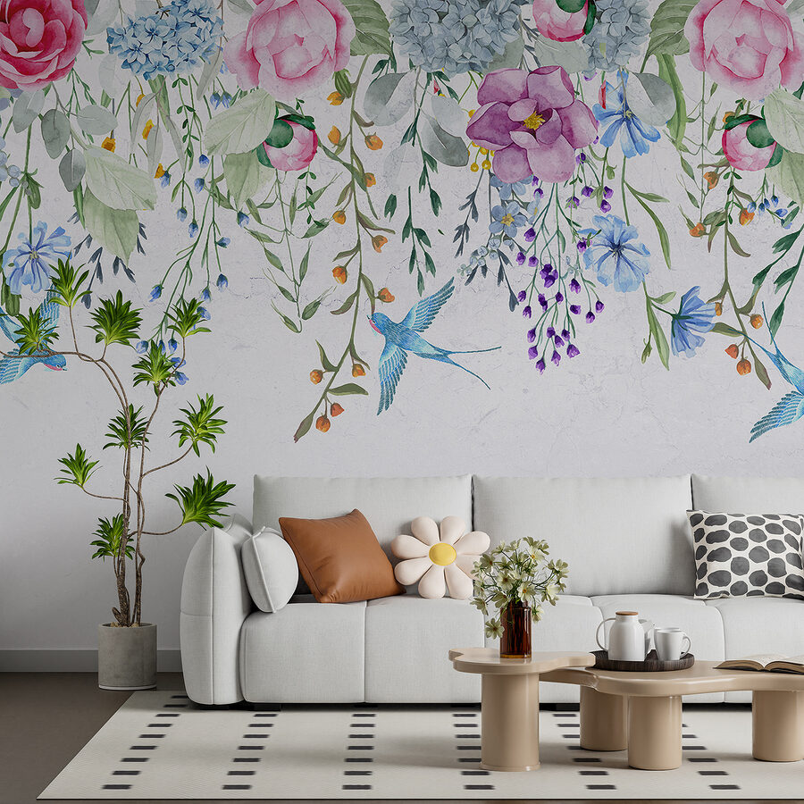 Carta da parati Bordo floreale con fiori e uccelli - immagine 5