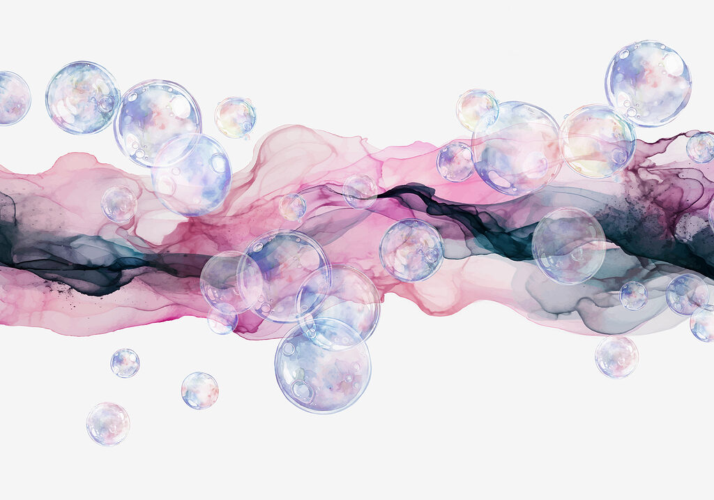 Gruppo di bolle in un liquido rosa e viola Gruppo di bolle in un liquido rosa e viola