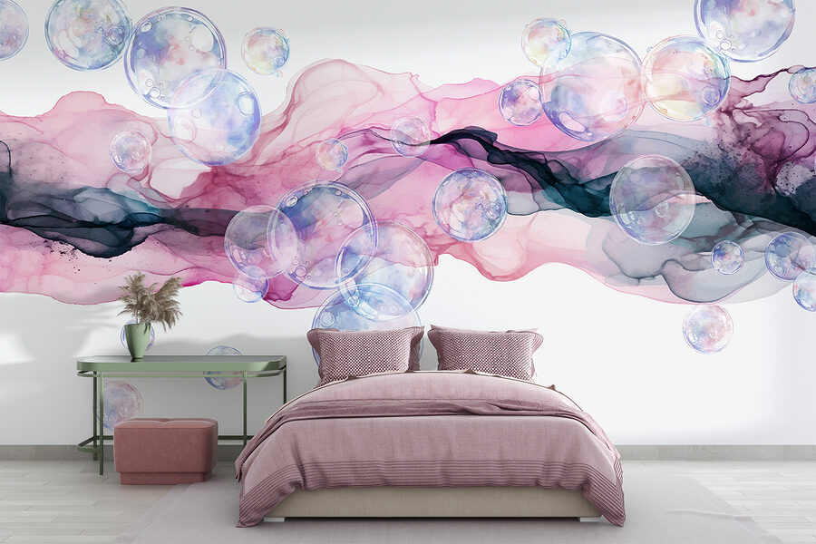 Gruppo di bolle in un liquido rosa e viola