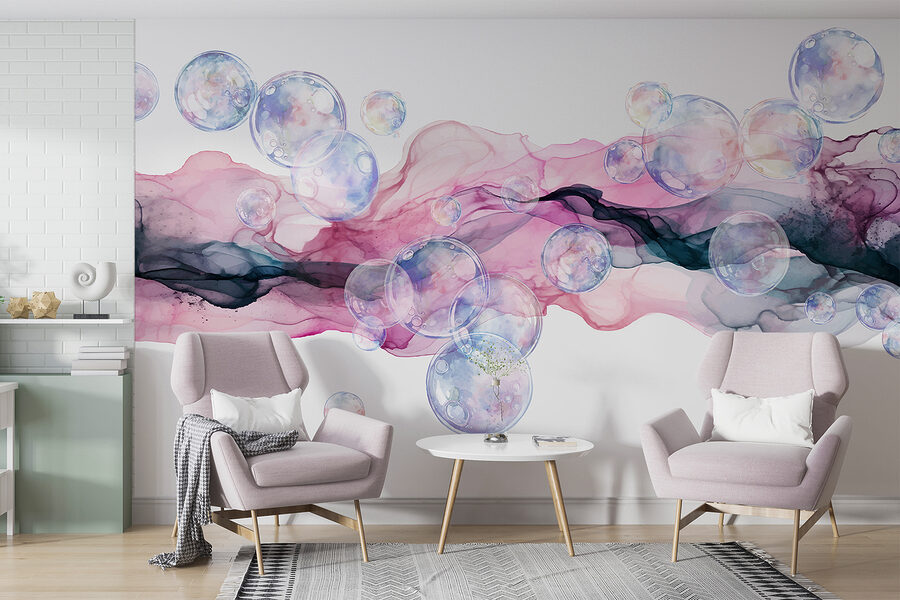 Gruppo di bolle in un liquido rosa e viola