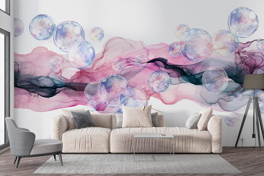 Gruppo di bolle in un liquido rosa e viola