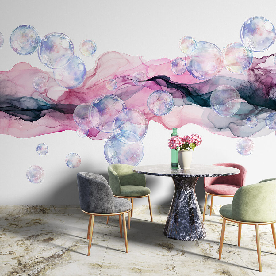 Gruppo di bolle in un liquido rosa e viola