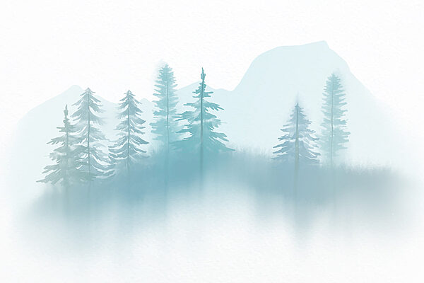 Paesaggio nebbioso con alberi e montagne Paesaggio nebbioso con alberi e montagne