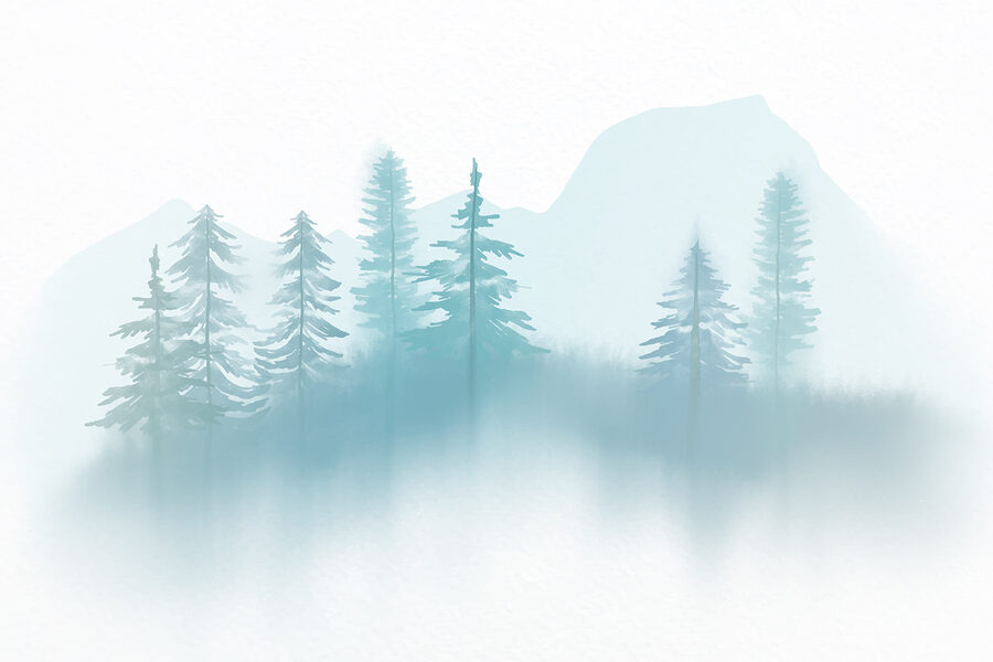 Paesaggio nebbioso con alberi e montagne Paesaggio nebbioso con alberi e montagne