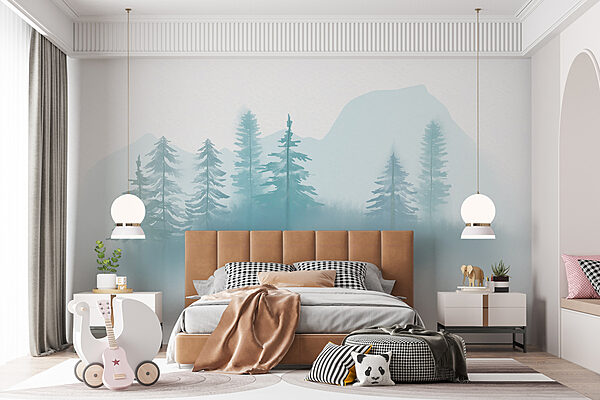 Paesaggio nebbioso con alberi e montagne Paesaggio nebbioso con alberi e montagne
