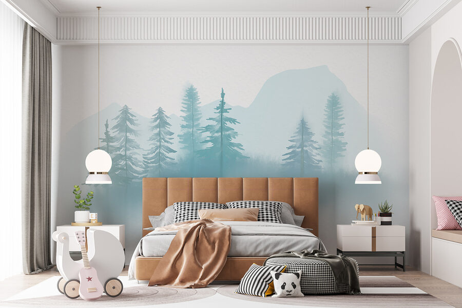 Paesaggio nebbioso con alberi e montagne Paesaggio nebbioso con alberi e montagne