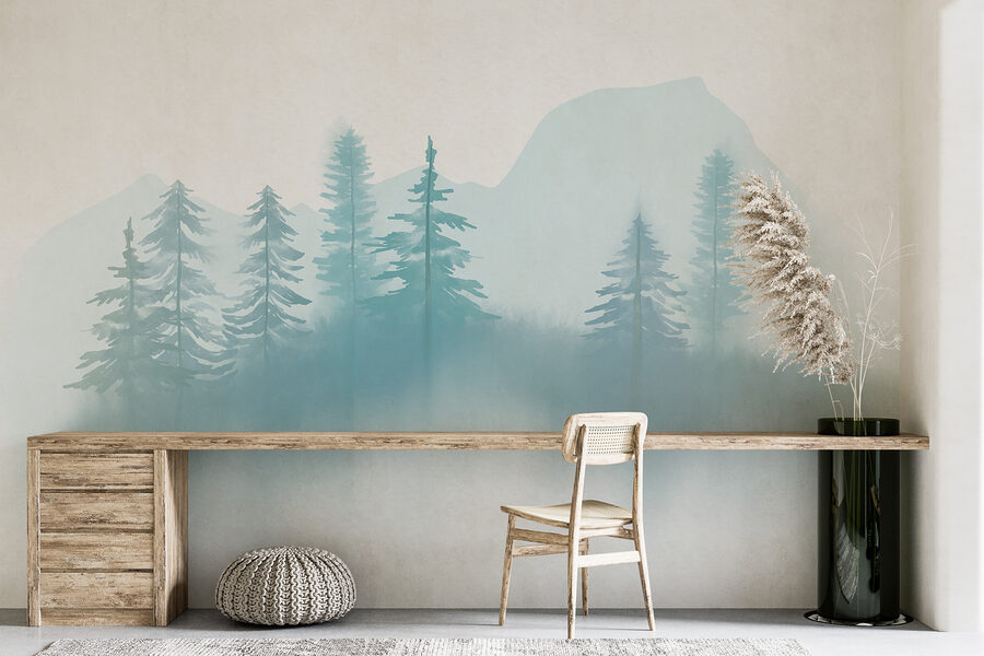 Paesaggio nebbioso con alberi e montagne Paesaggio nebbioso con alberi e montagne