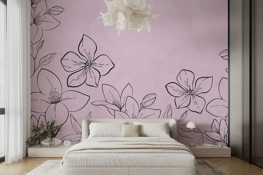 Carta da parati Disegno di fiori su sfondo rosa