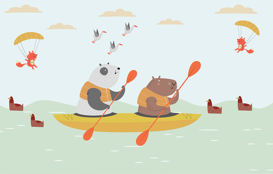 Orsi dei cartoni animati in canoa