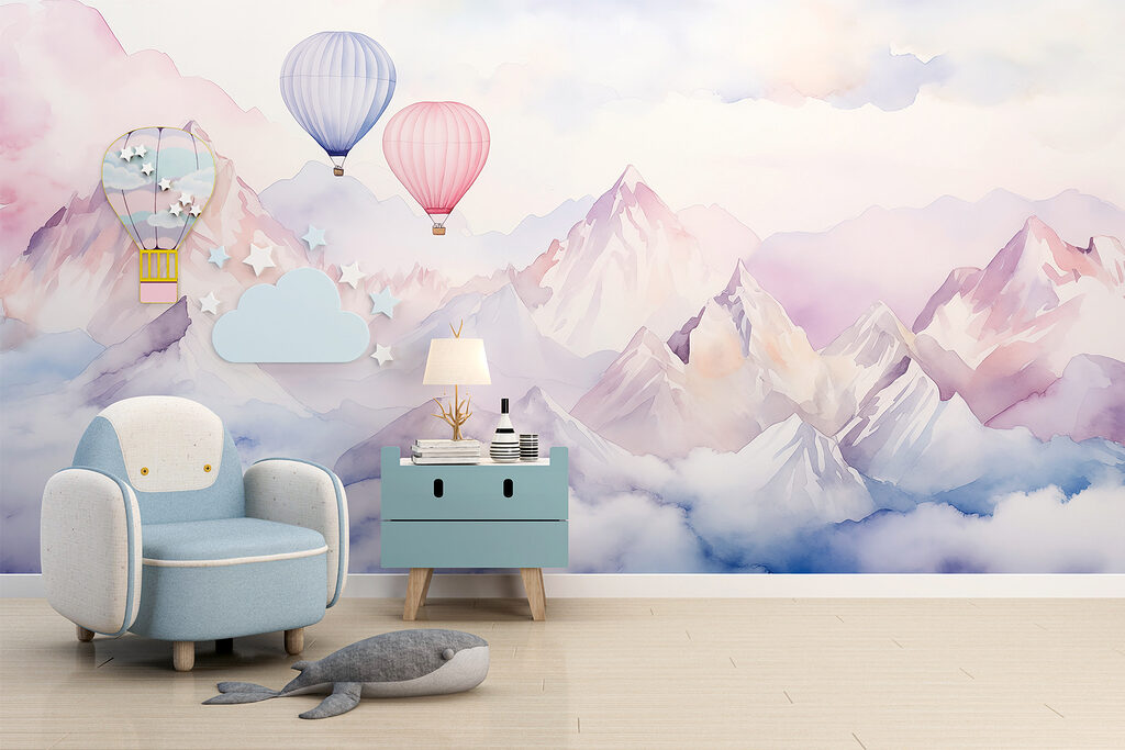 Group of hot air balloons in the sky over mountains