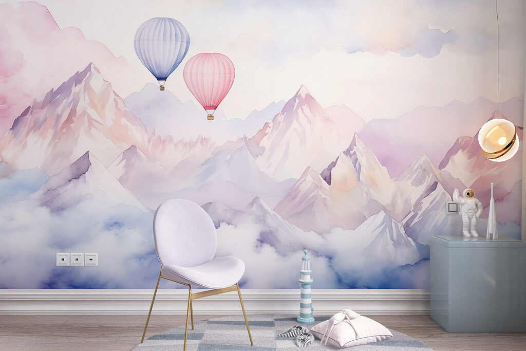 Group of hot air balloons in the sky over mountains