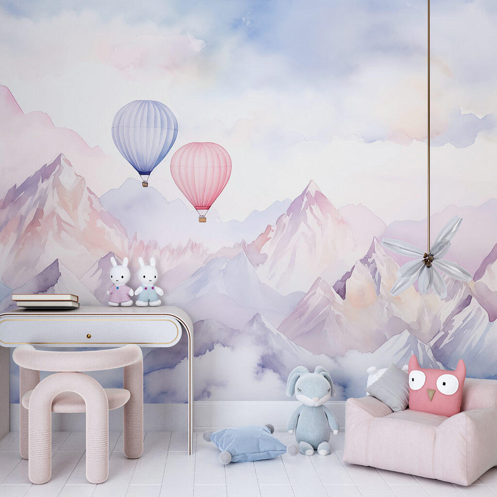 Group of hot air balloons in the sky over mountains