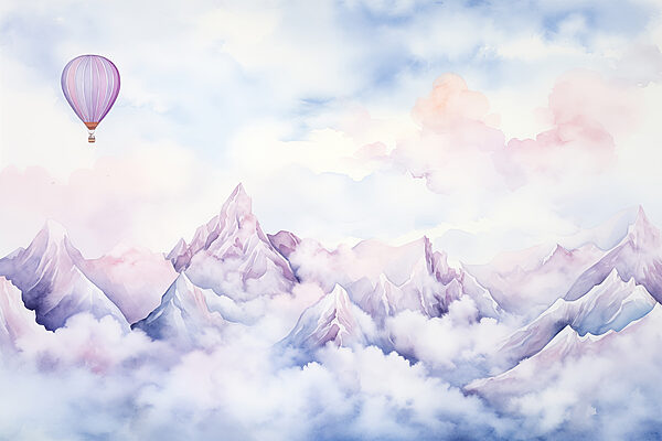Pittura di una catena montuosa con un palloncino nel cielo Pittura di una catena montuosa con un palloncino nel cielo