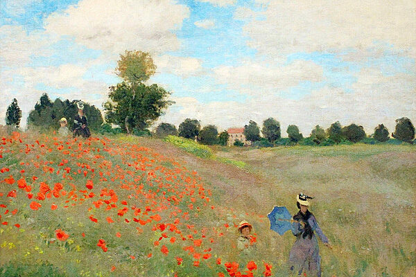 Painting of people walking in a field of flowers Painting of people walking in a field of flowers