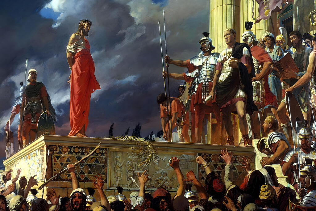 Painting of a man in a red robe standing on a platform with a crowd of people Painting of a man in a red robe standing on a platform with a crowd of people