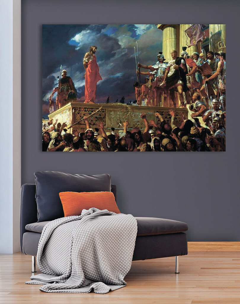 Painting of a man in a red robe standing on a platform with a crowd of people Painting of a man in a red robe standing on a platform with a crowd of people