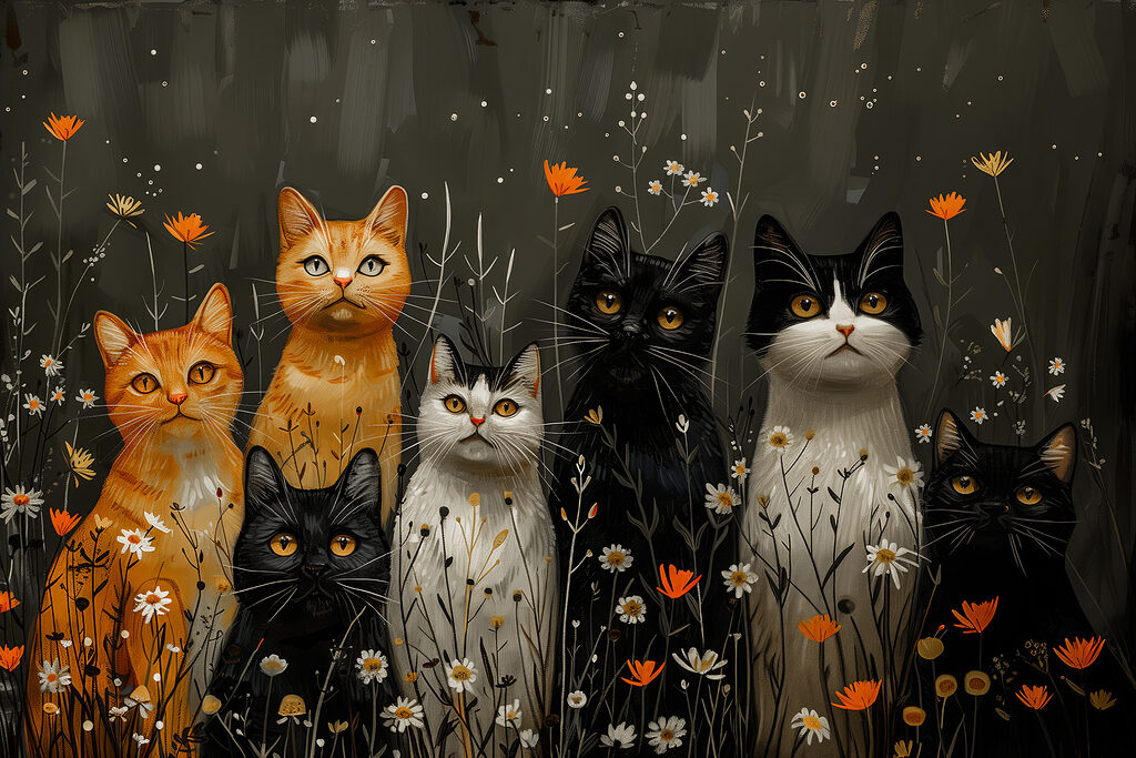 Group of cats in a field of flowers Group of cats in a field of flowers