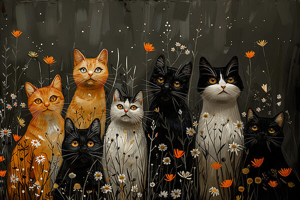 Group of cats in a field of flowers Group of cats in a field of flowers