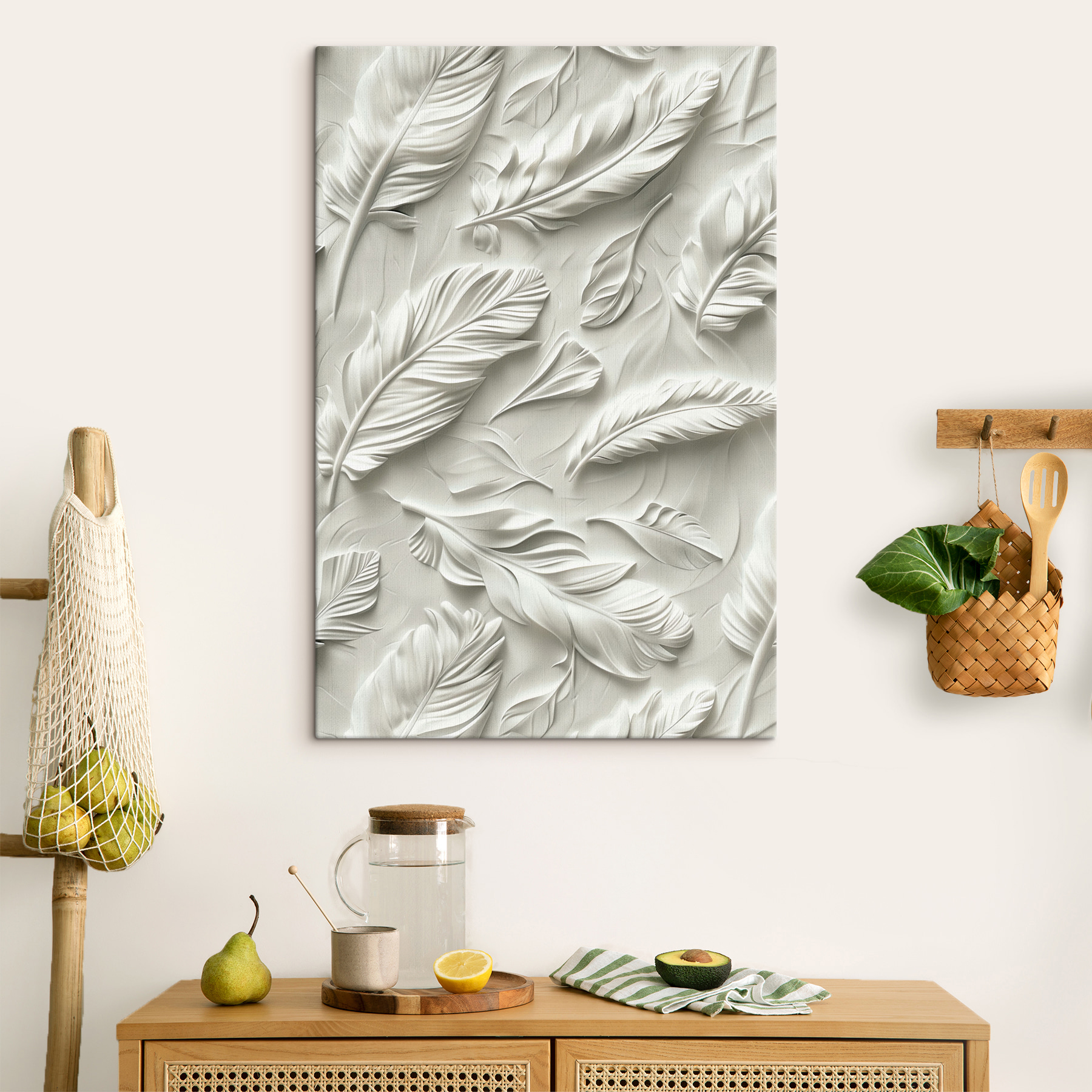 White feather carving on a wall White feather carving on a wall