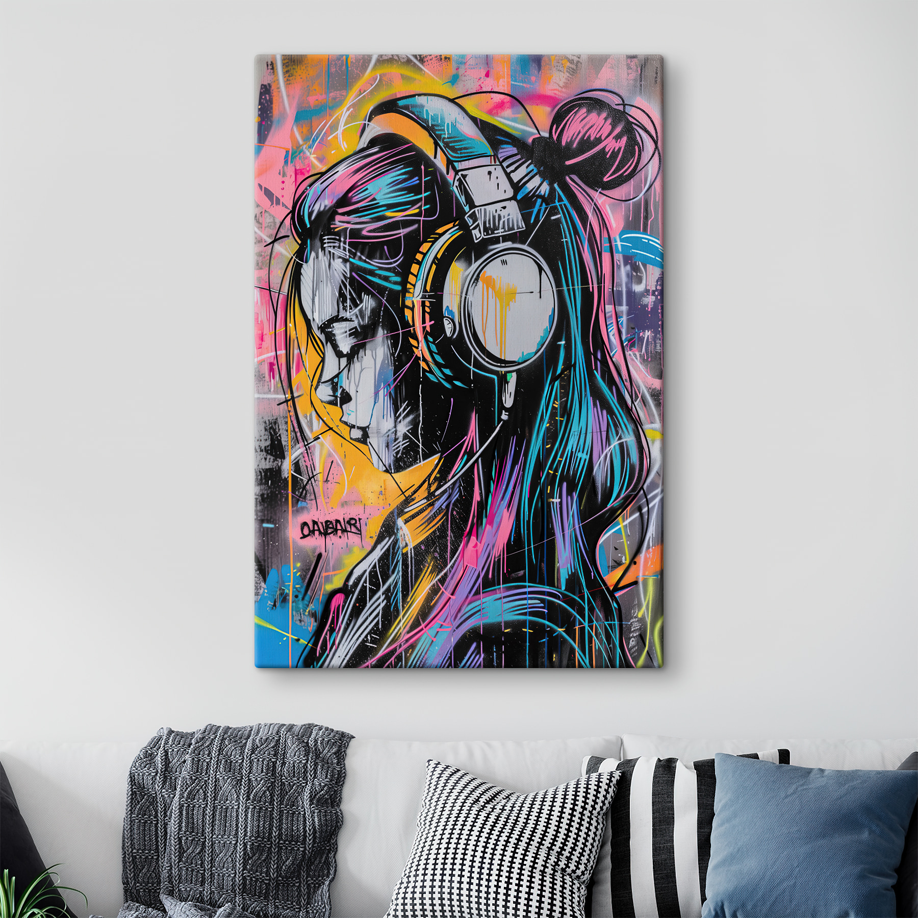 Graffiti of a woman with headphones Graffiti of a woman with headphones