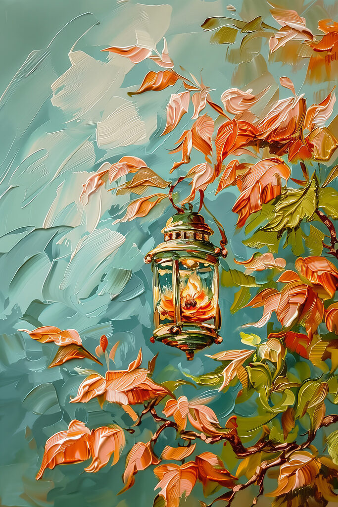 Oil painting of a lantern on a tree Oil painting of a lantern on a tree