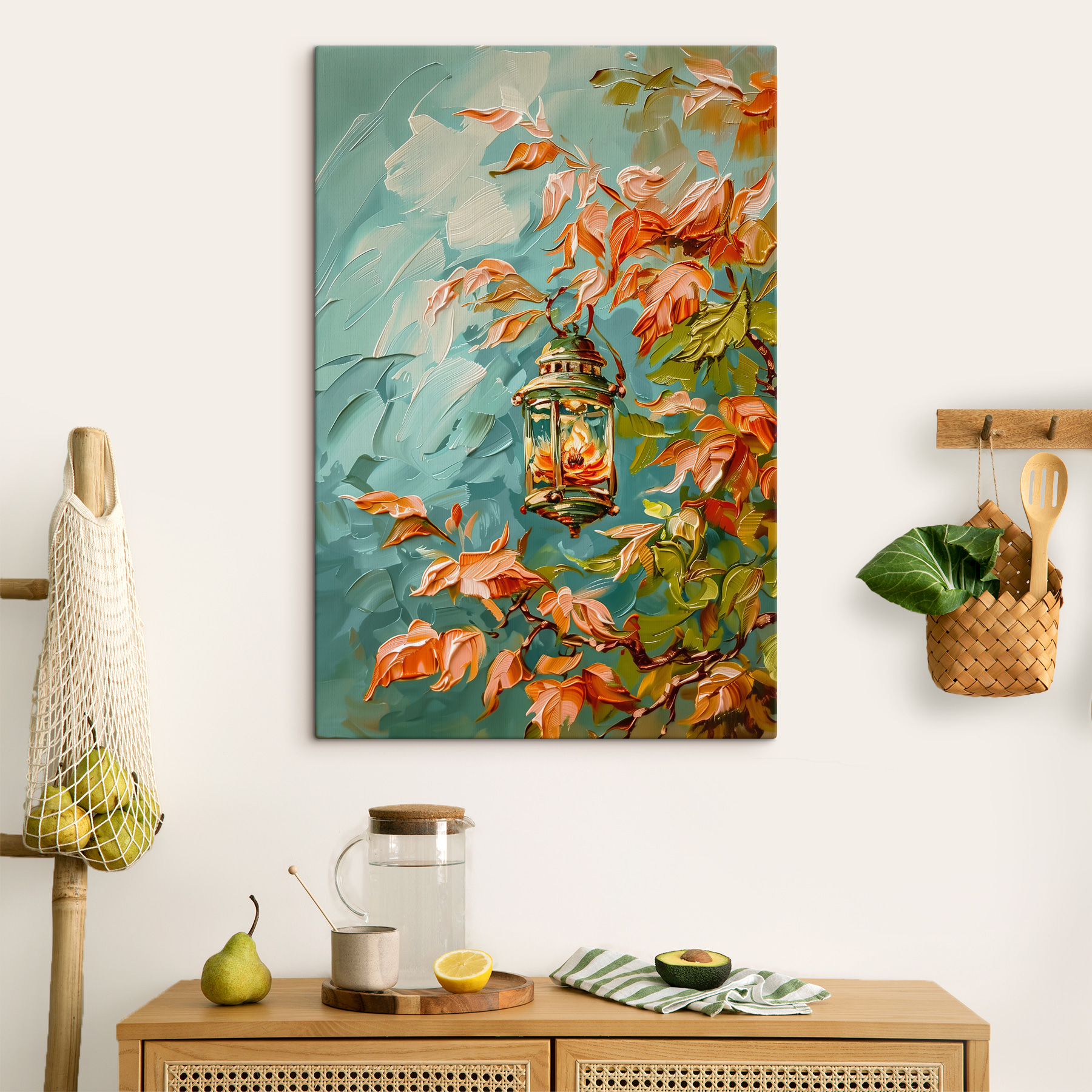 Oil painting of a lantern on a tree Oil painting of a lantern on a tree