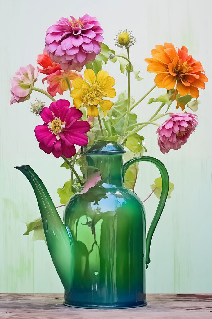 Green teapot with colorful flowers Green teapot with colorful flowers