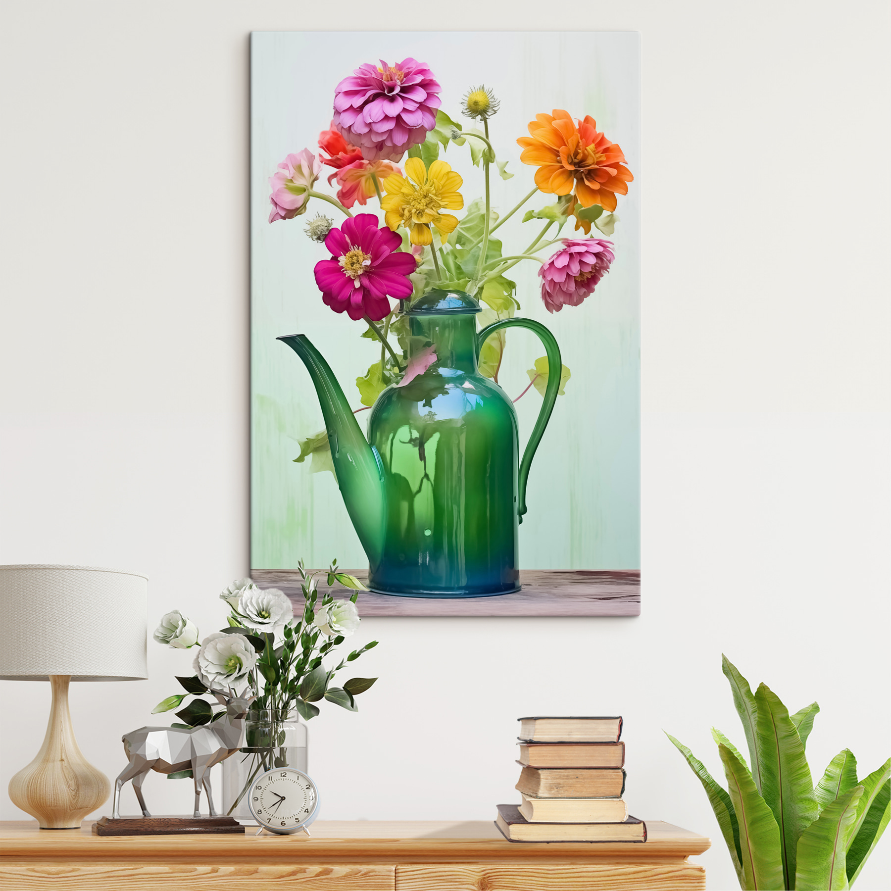 Green teapot with colorful flowers Green teapot with colorful flowers