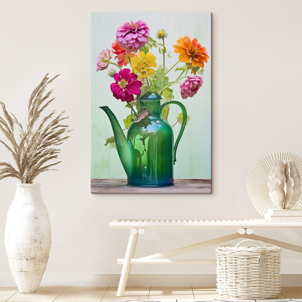 Green teapot with colorful flowers Green teapot with colorful flowers