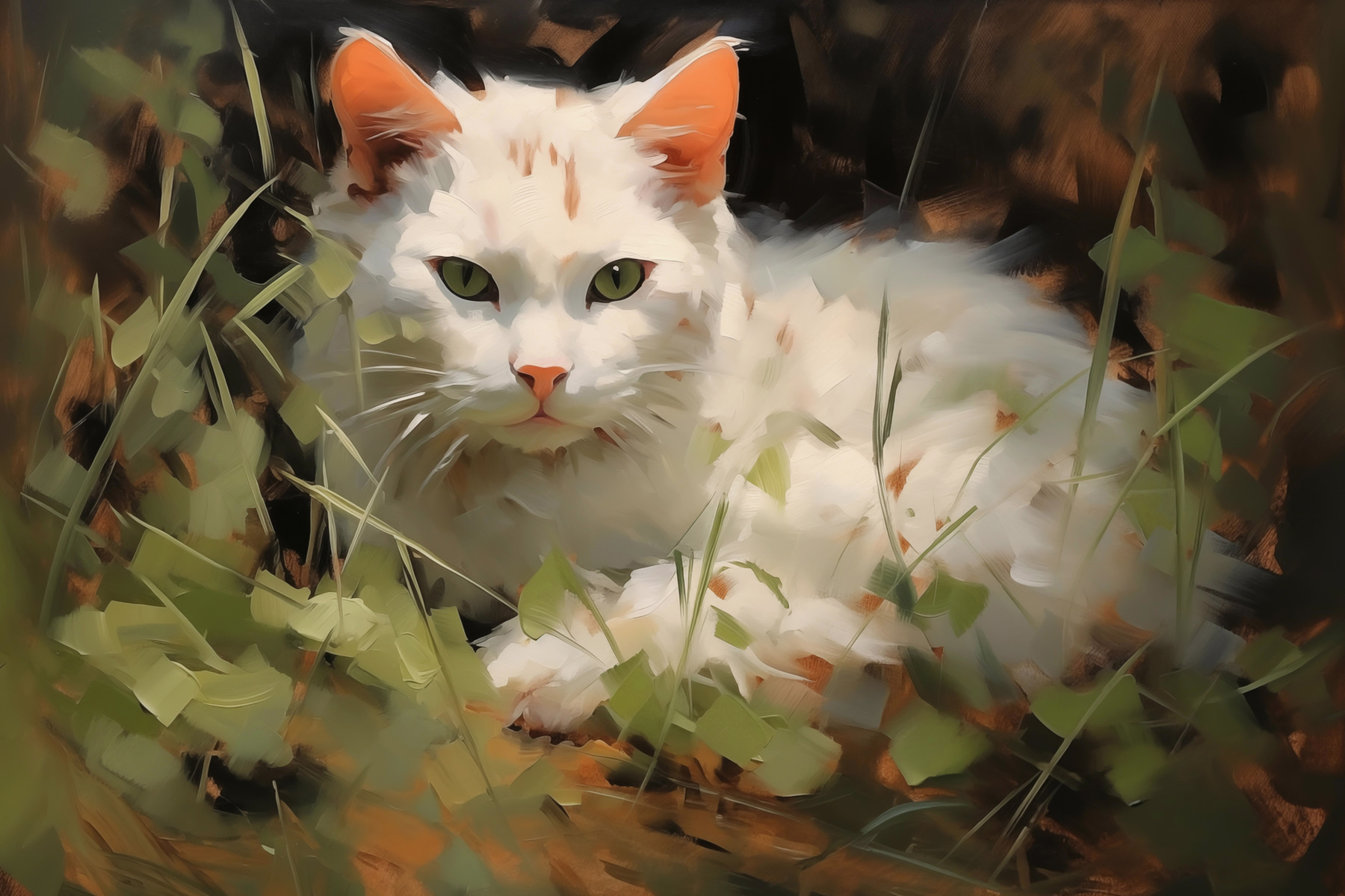 White cat lying in the grass