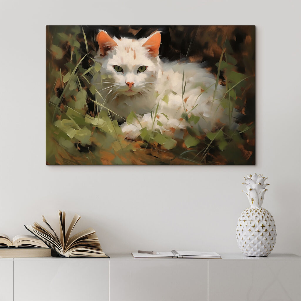 White cat lying in the grass