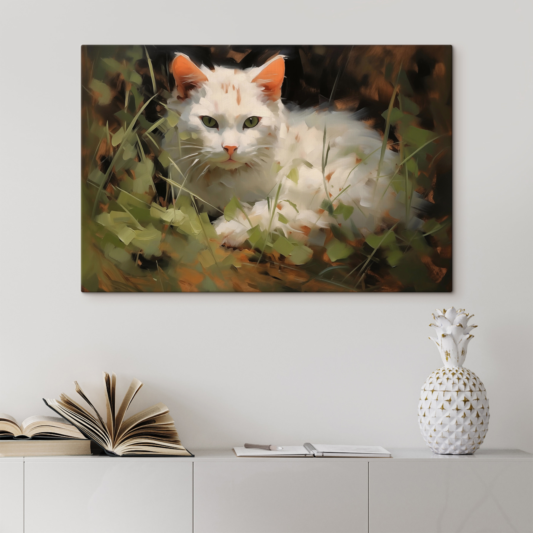 White cat lying in the grass