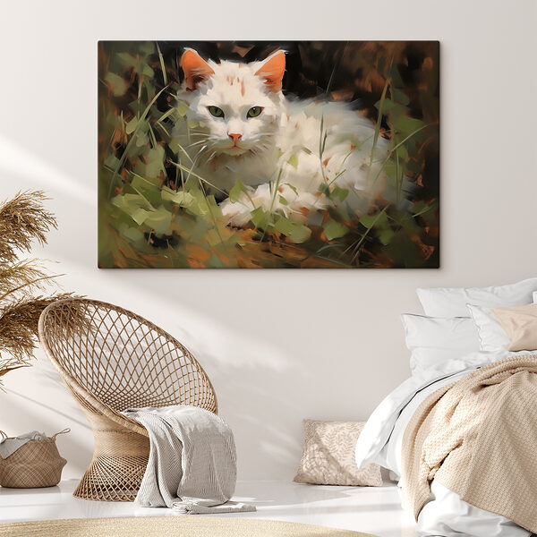 White cat lying in the grass