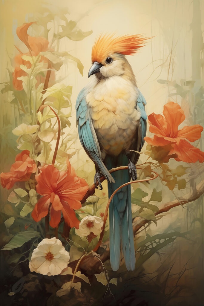 Bird sitting on a branch with flowers