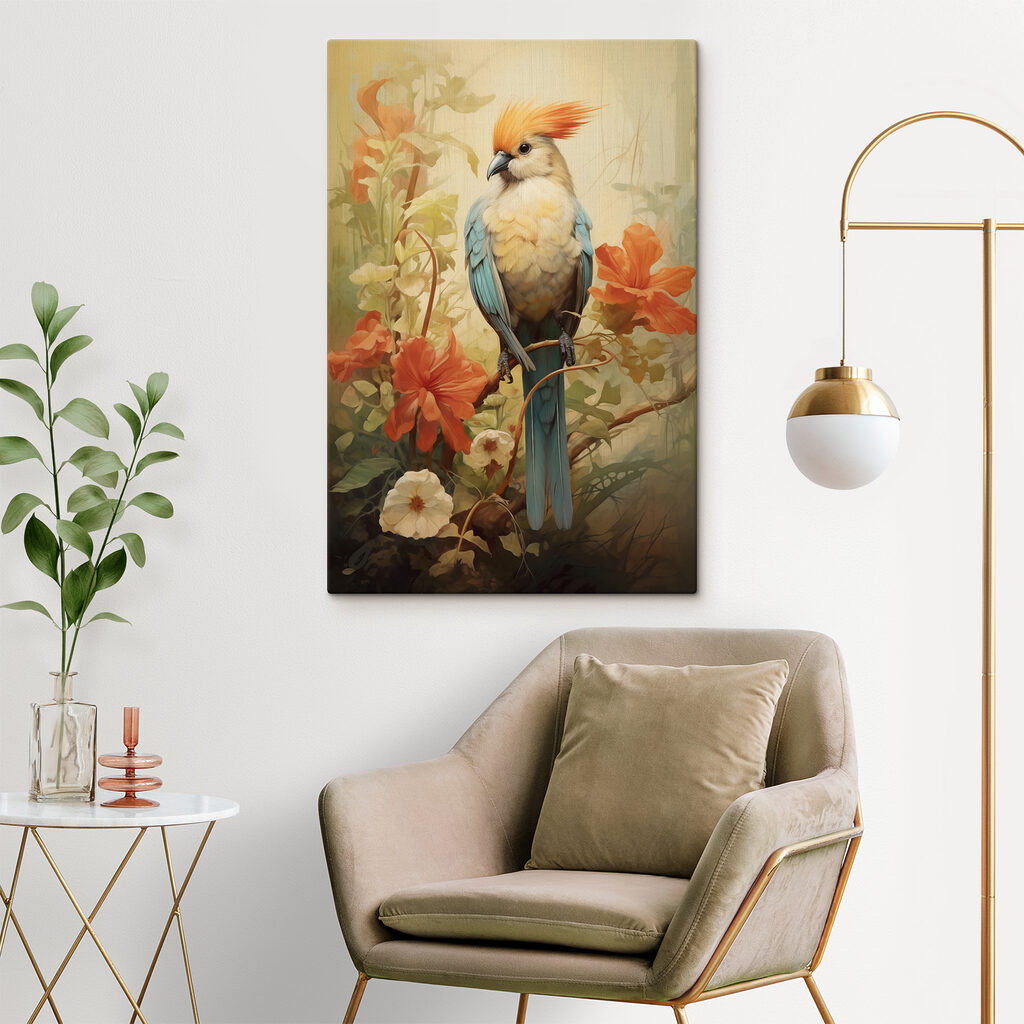 Bird sitting on a branch with flowers