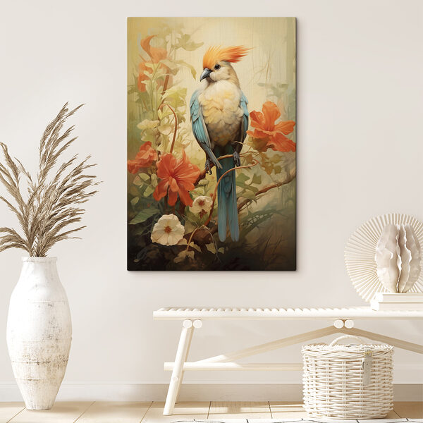Bird sitting on a branch with flowers