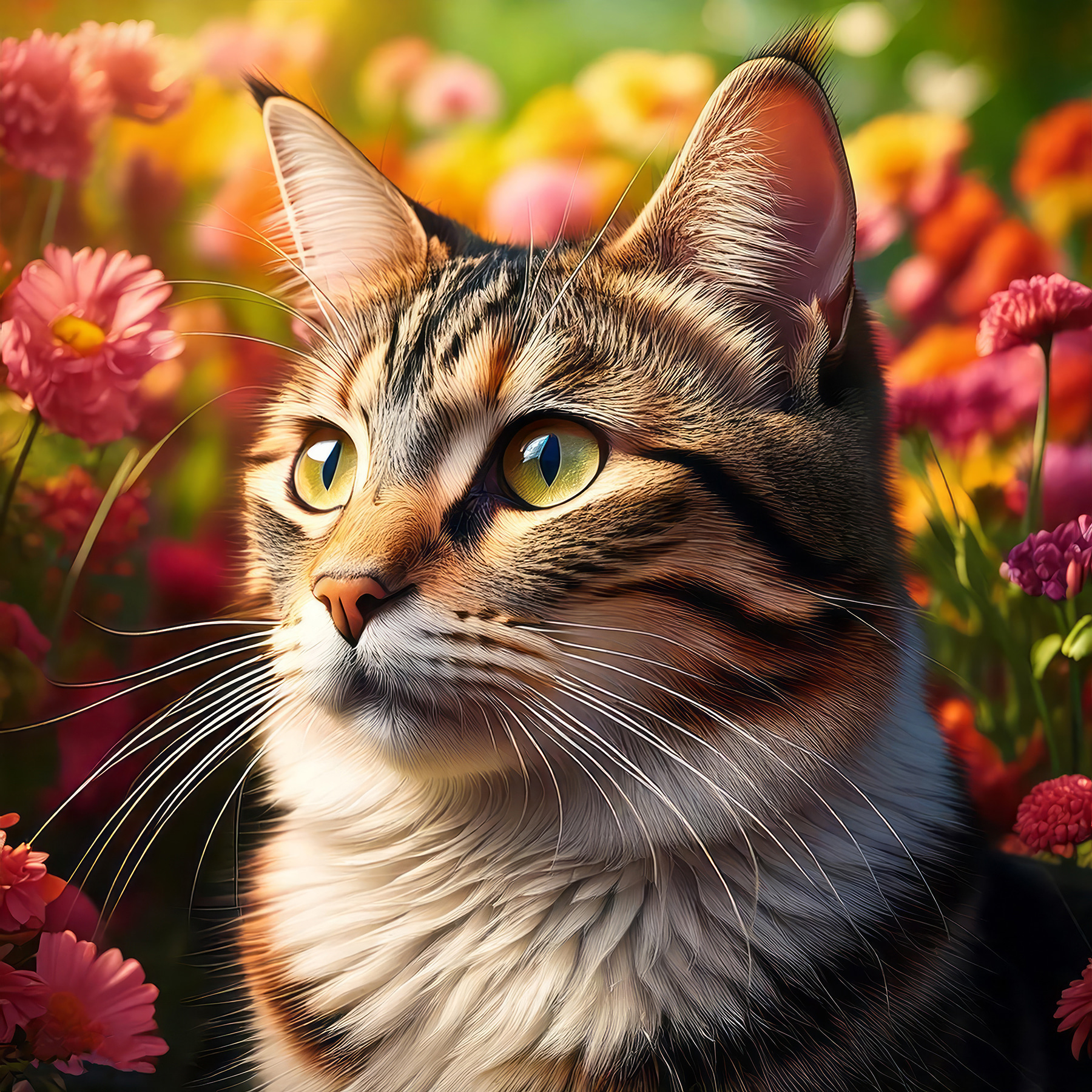 Cat in a garden of flowers