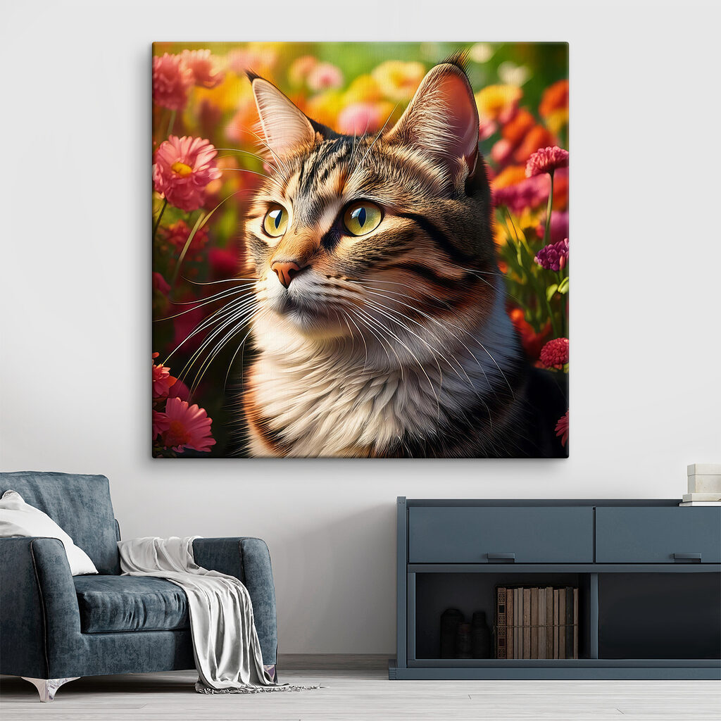 Cat in a garden of flowers