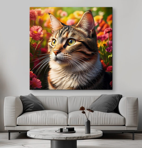 Cat in a garden of flowers