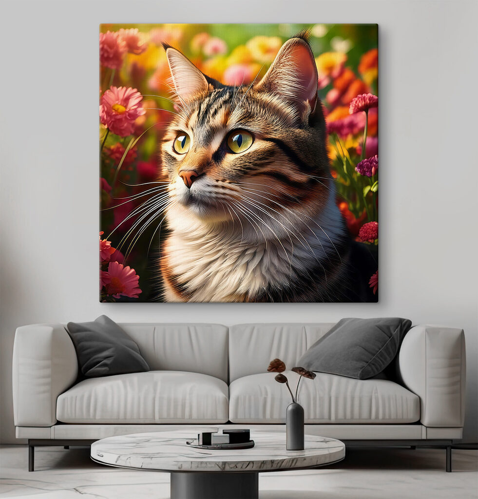 Cat in a garden of flowers