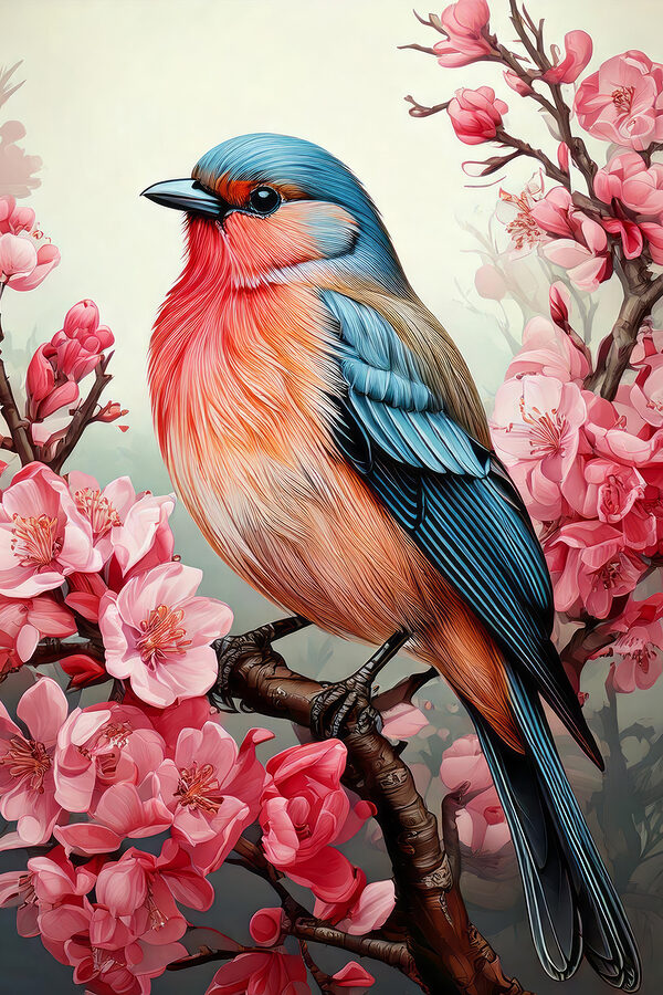 Colorful bird sitting on a branch with pink flowers Colorful bird sitting on a branch with pink flowers