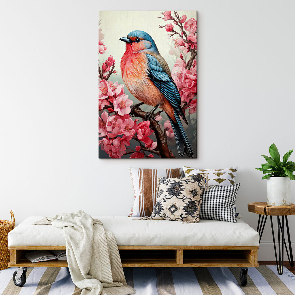 Colorful bird sitting on a branch with pink flowers Colorful bird sitting on a branch with pink flowers