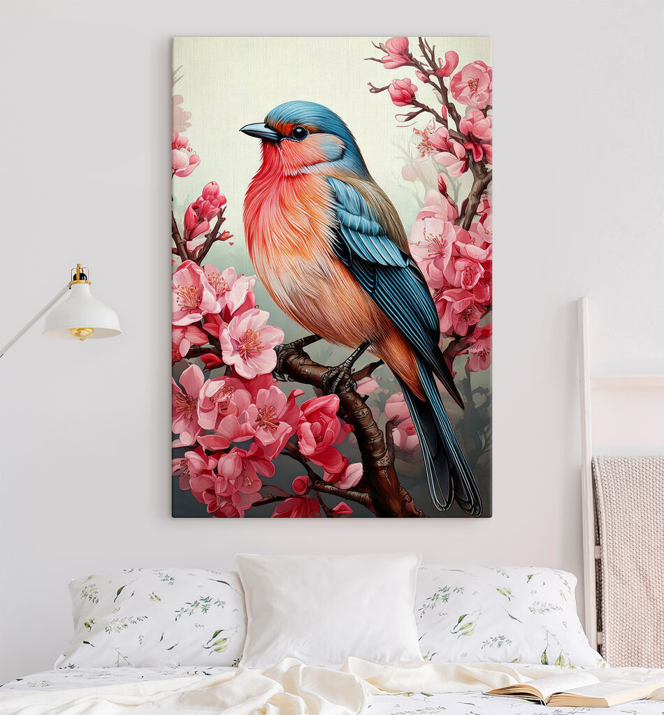 Colorful bird sitting on a branch with pink flowers Colorful bird sitting on a branch with pink flowers