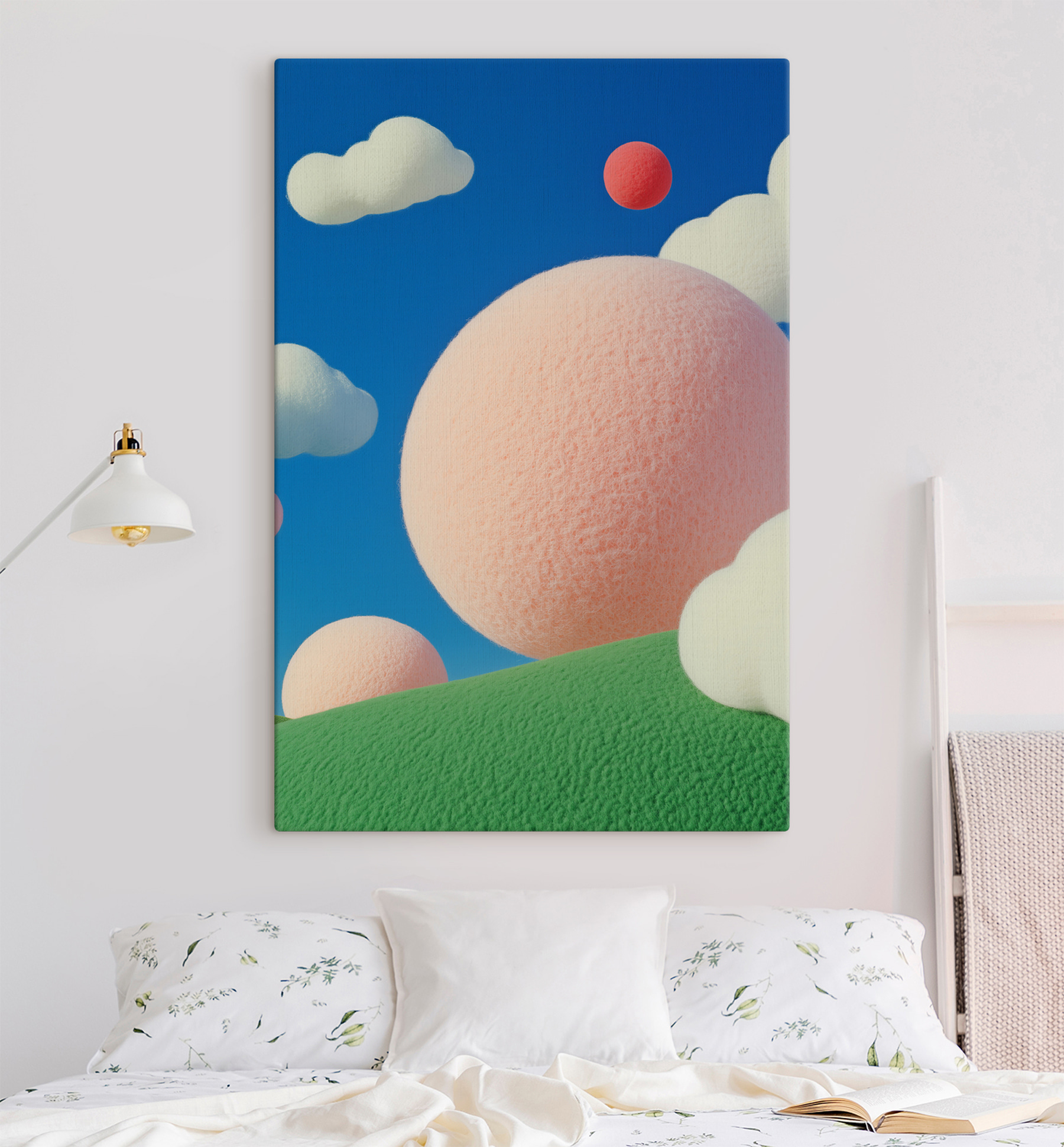 Pink and white balls in the sky