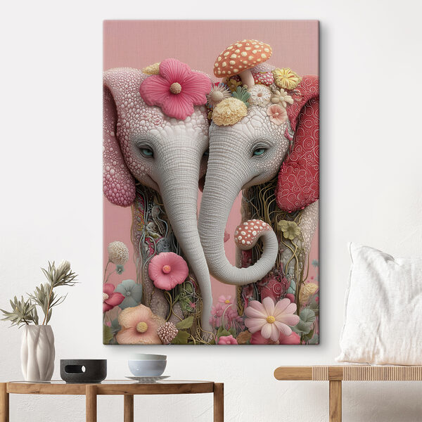Two elephants with flowers on their heads