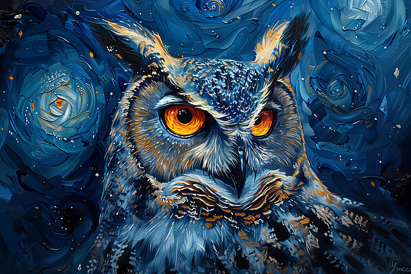 An owl with orange eyes An owl with orange eyes