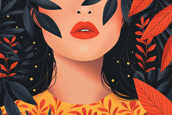 Woman with red lips and black leaves Woman with red lips and black leaves