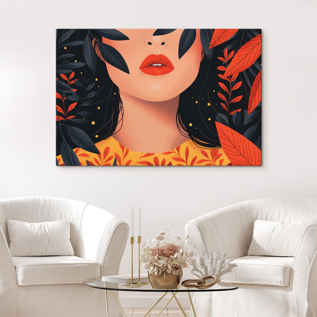 Woman with red lips and black leaves Woman with red lips and black leaves