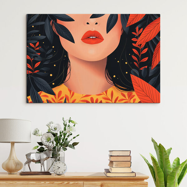 Woman with red lips and black leaves Woman with red lips and black leaves