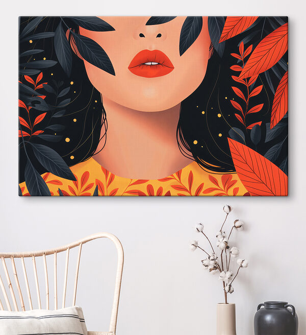 Woman with red lips and black leaves Woman with red lips and black leaves